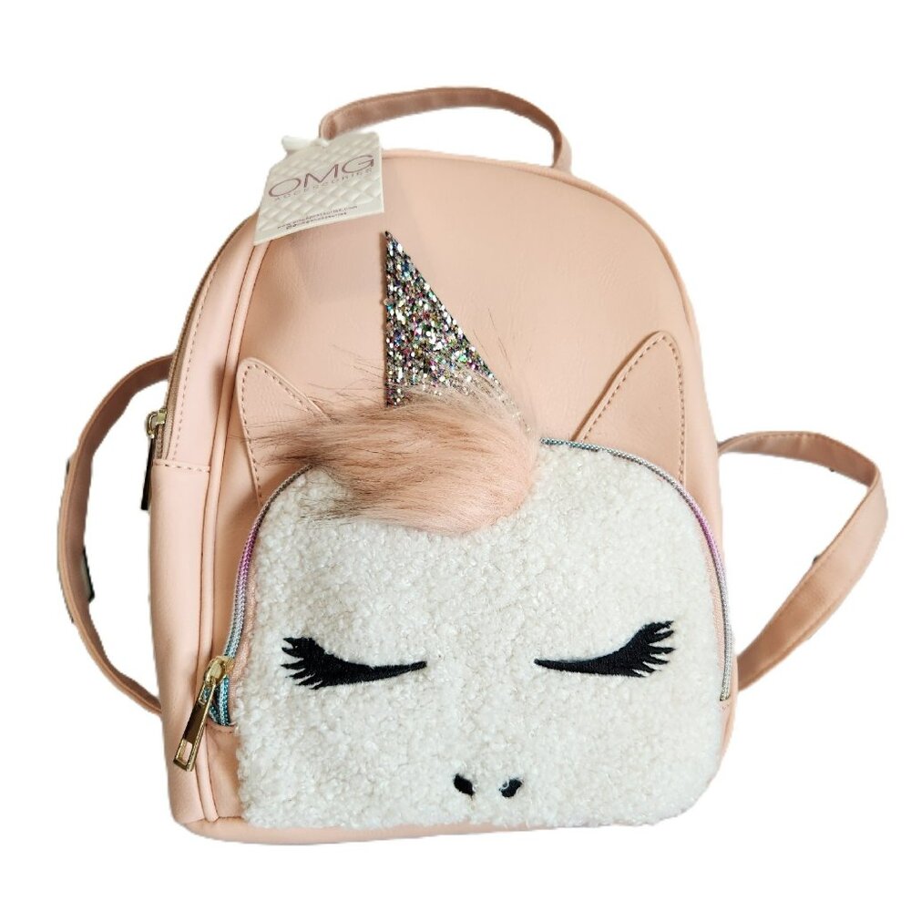 OMG Accessories Sherpa Unicorn Glitter Backpack Peachy NEW Minor Flaw READ